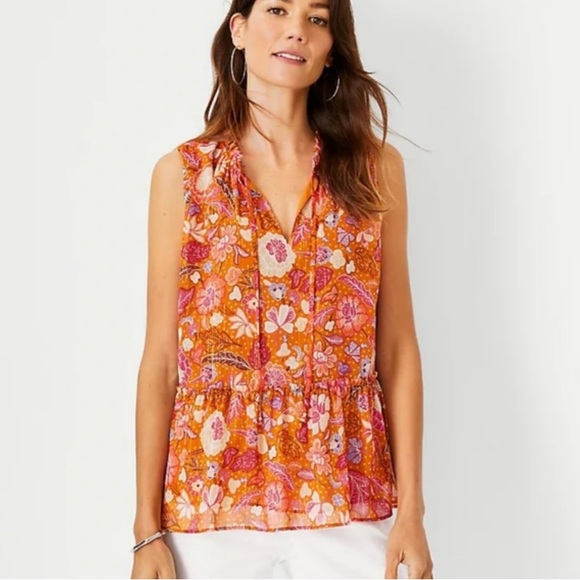Ann Taylor Tops - Ann Taylor Loft Silk Vibrant Floral Blouse - Orange and Pink - Large